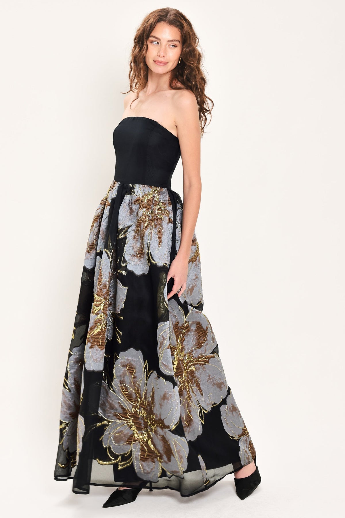 NOIR GARDEN BLACK STRAPLESS PRINTED FULL-SKIRT MAXI DRESS