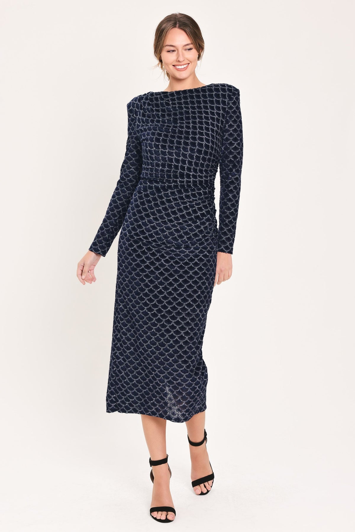 NAVY VEIL NAVY METALLIC BURNOUT VELVET RUCHED MIDI DRESS