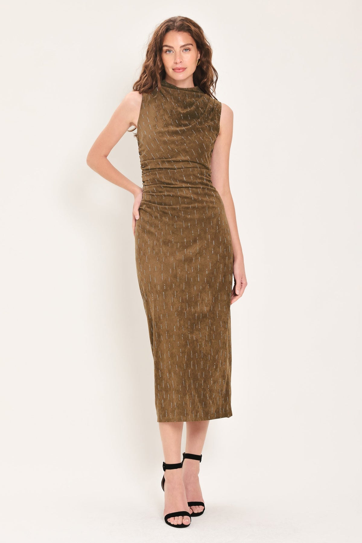 WALNUT GLOW EMBELLISHED FAUX SUEDE MIDI DRESS
