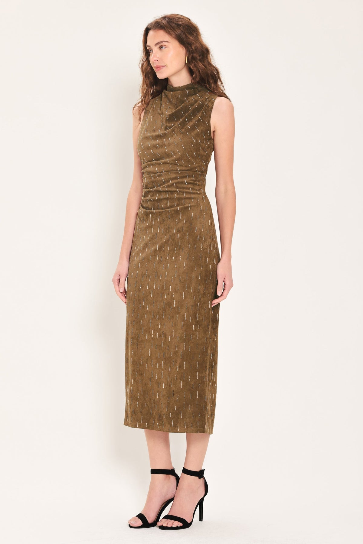 WALNUT GLOW EMBELLISHED FAUX SUEDE MIDI DRESS