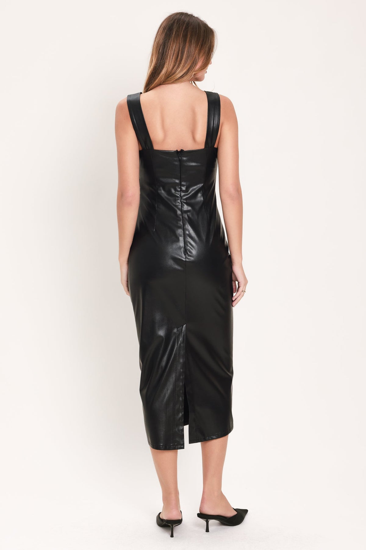 NOIR HARDWARE BLACK FAUX LEATHER PLEATED MIDI DRESS