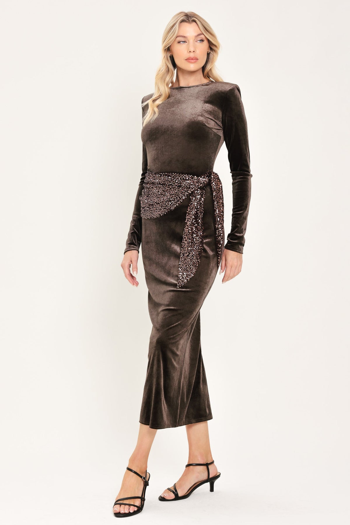 ESPRESSO EVENING VELVET SEQUIN-SCARF MIDI DRESS