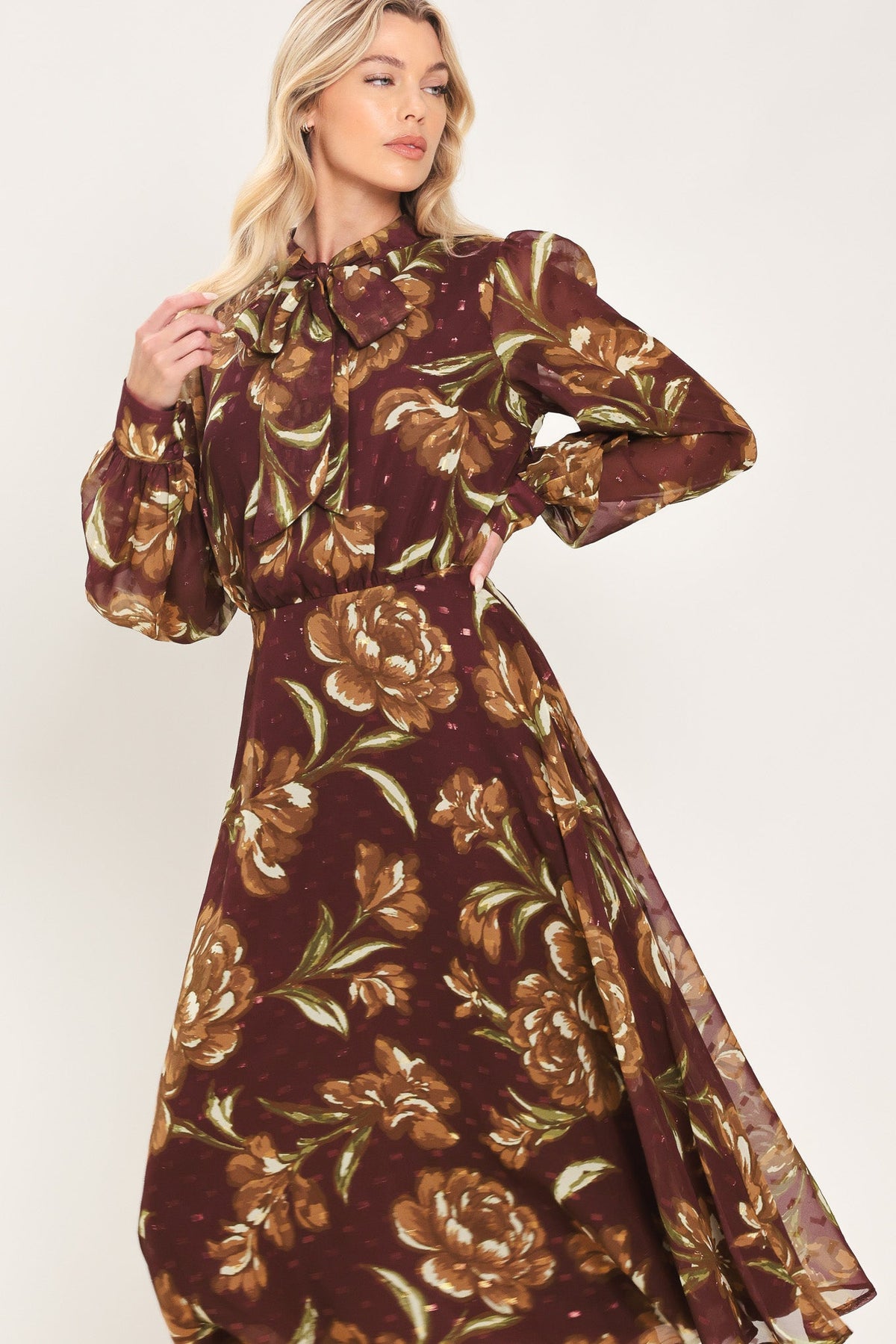 MERLOT MOMENT BURGUNDY TEXTURED TIE-NECK MIDI DRESS