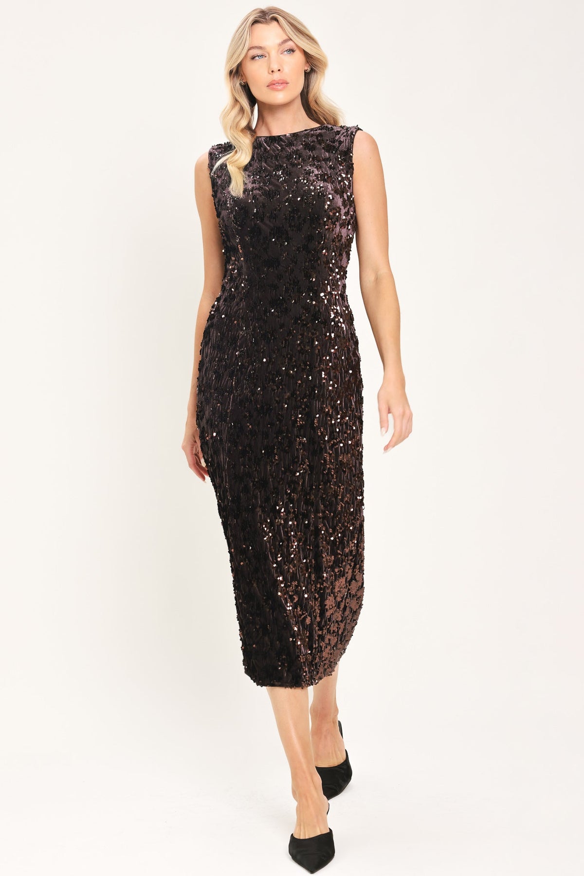 MOCHA SPARK DARK BROWN SEQUIN KNIT MIDI DRESS