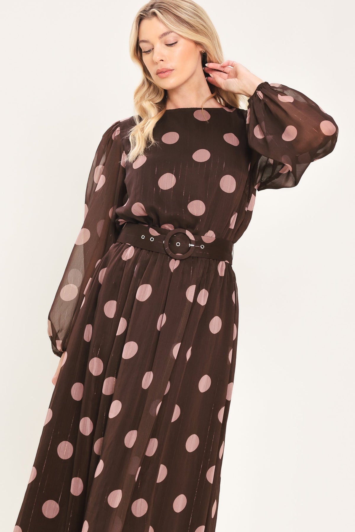 MAUVE MOCHA BROWN/MAUVE STATEMENT MIDI DRESS
