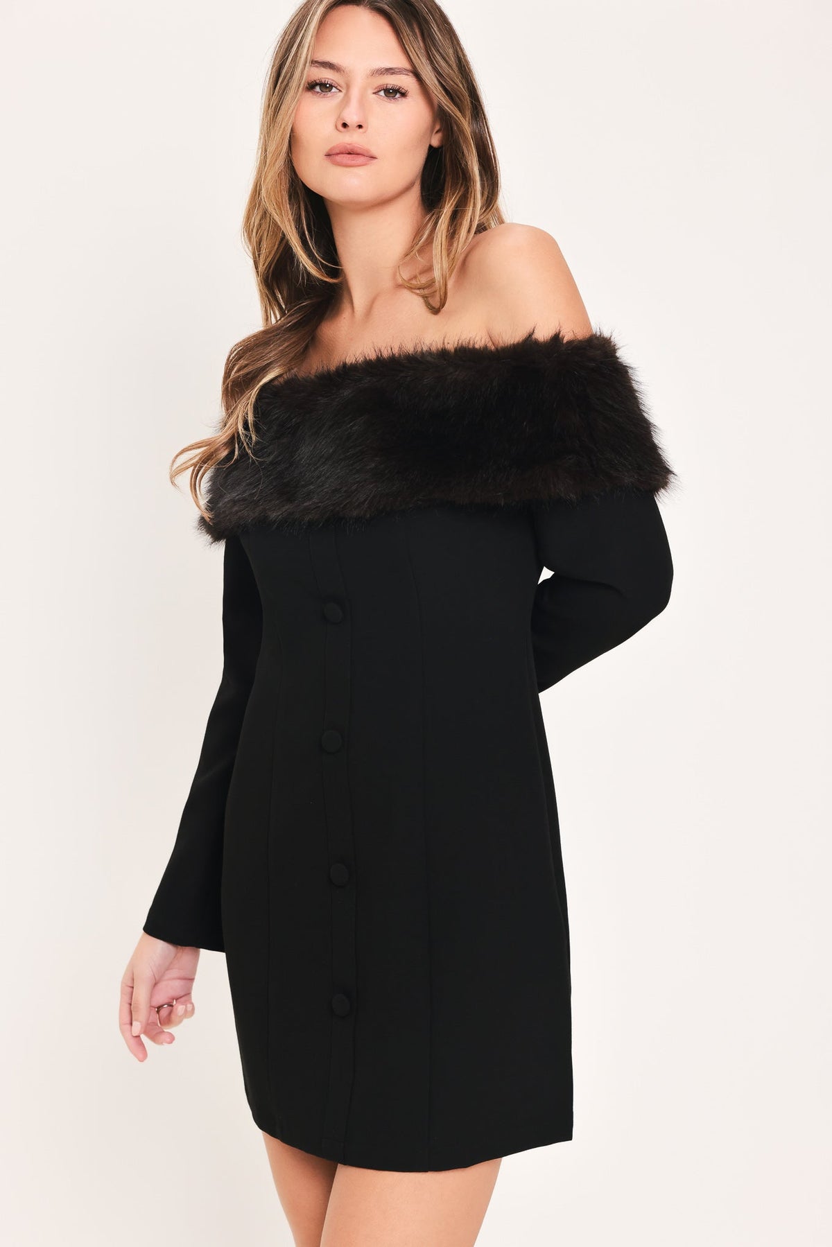 NOIR FROST BLACK FAUX-FUR OFF-SHOULDER MINI DRESS