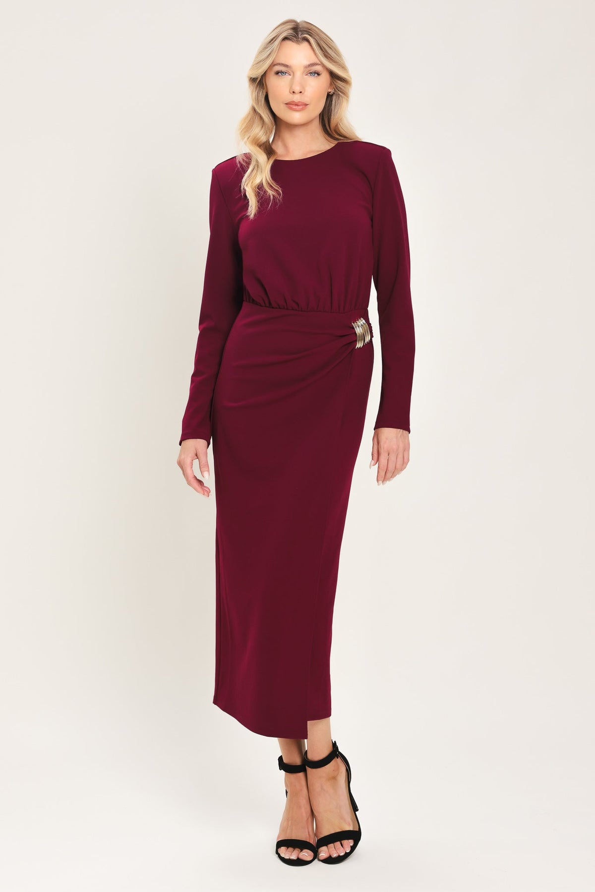 BORDEAUX SCULPT BURGUNDY GATHERED HARDWARE MIDI DRESS