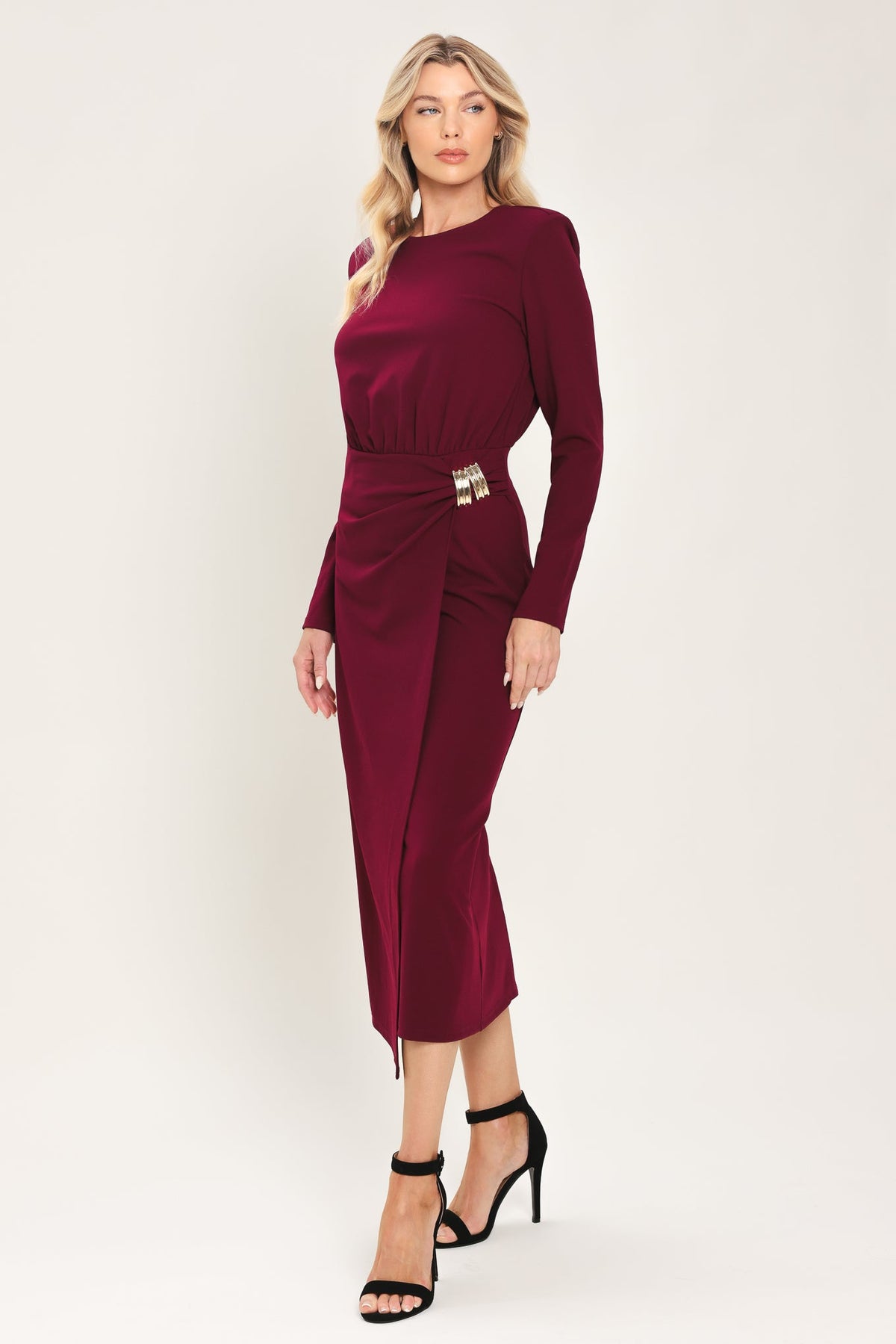 BORDEAUX SCULPT BURGUNDY GATHERED HARDWARE MIDI DRESS