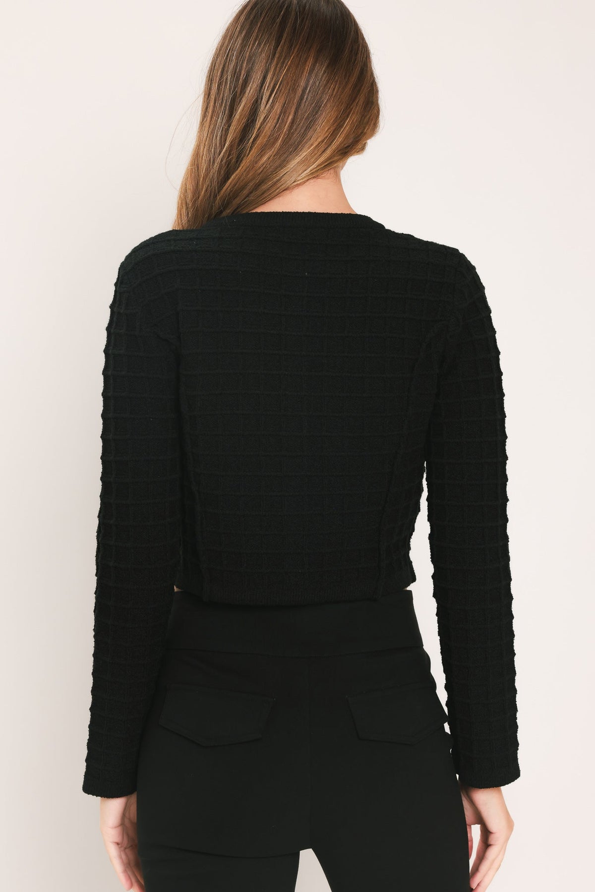 POLISHED MOMENT BLACK JEWEL-BUTTON CROPPED SWEATER TOP