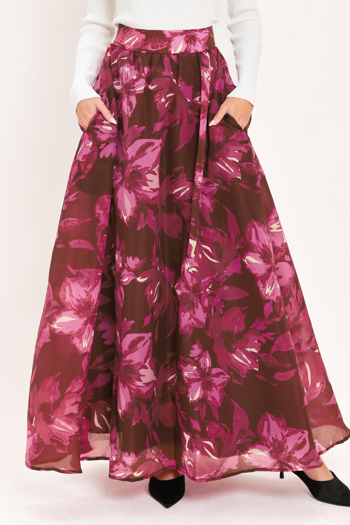MAGENTA BLOOM CASCADE WOVEN MAXI FULL SKIRT