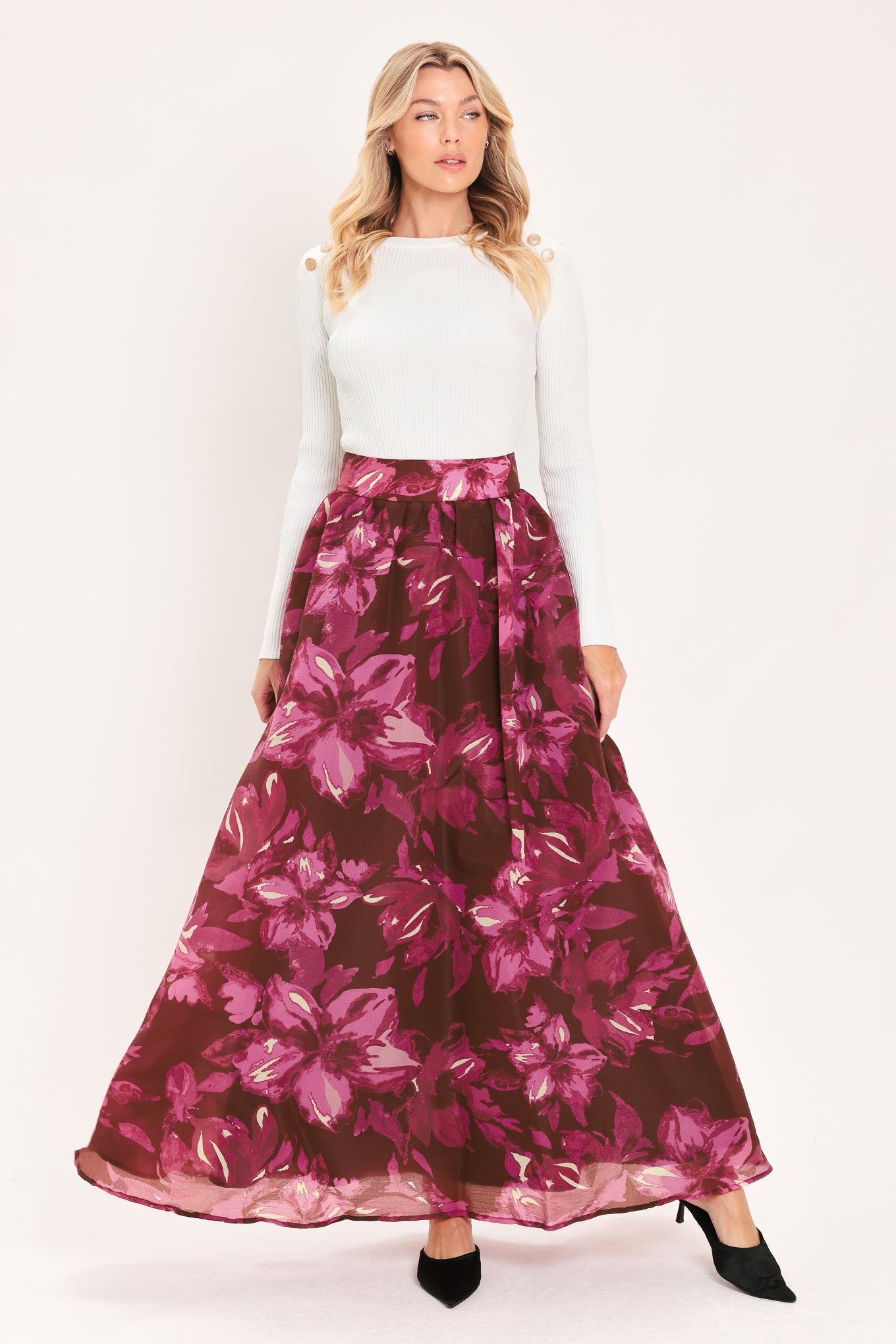 MAGENTA BLOOM CASCADE WOVEN MAXI FULL SKIRT