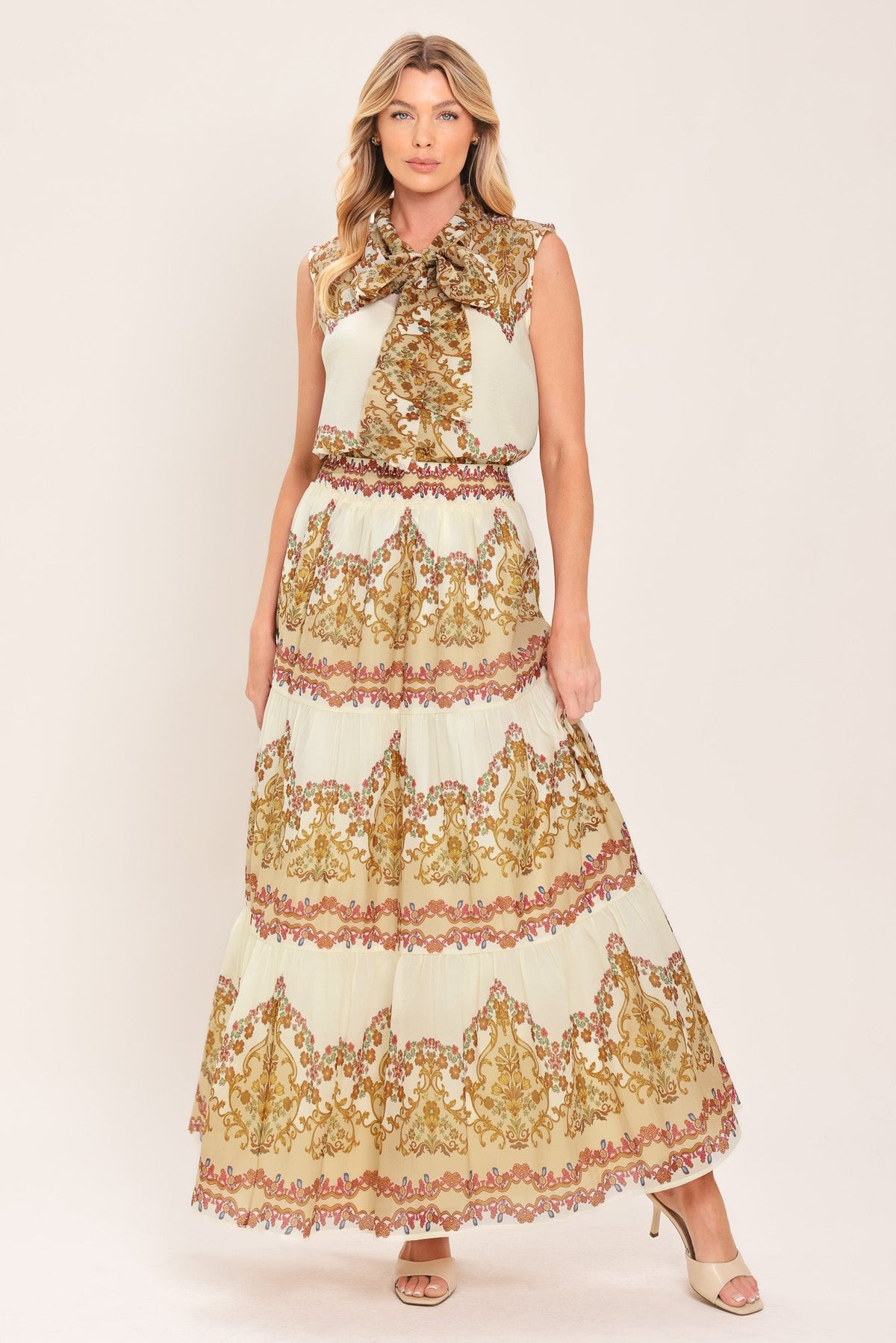 GILDED SCROLL PRINT WOVEN MAXI SKIRT
