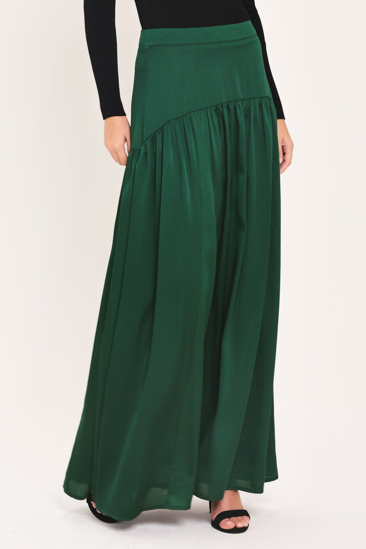 FOREST POISE HUNTER GREEN DROP-WAIST TIERED MAXI SKIRT