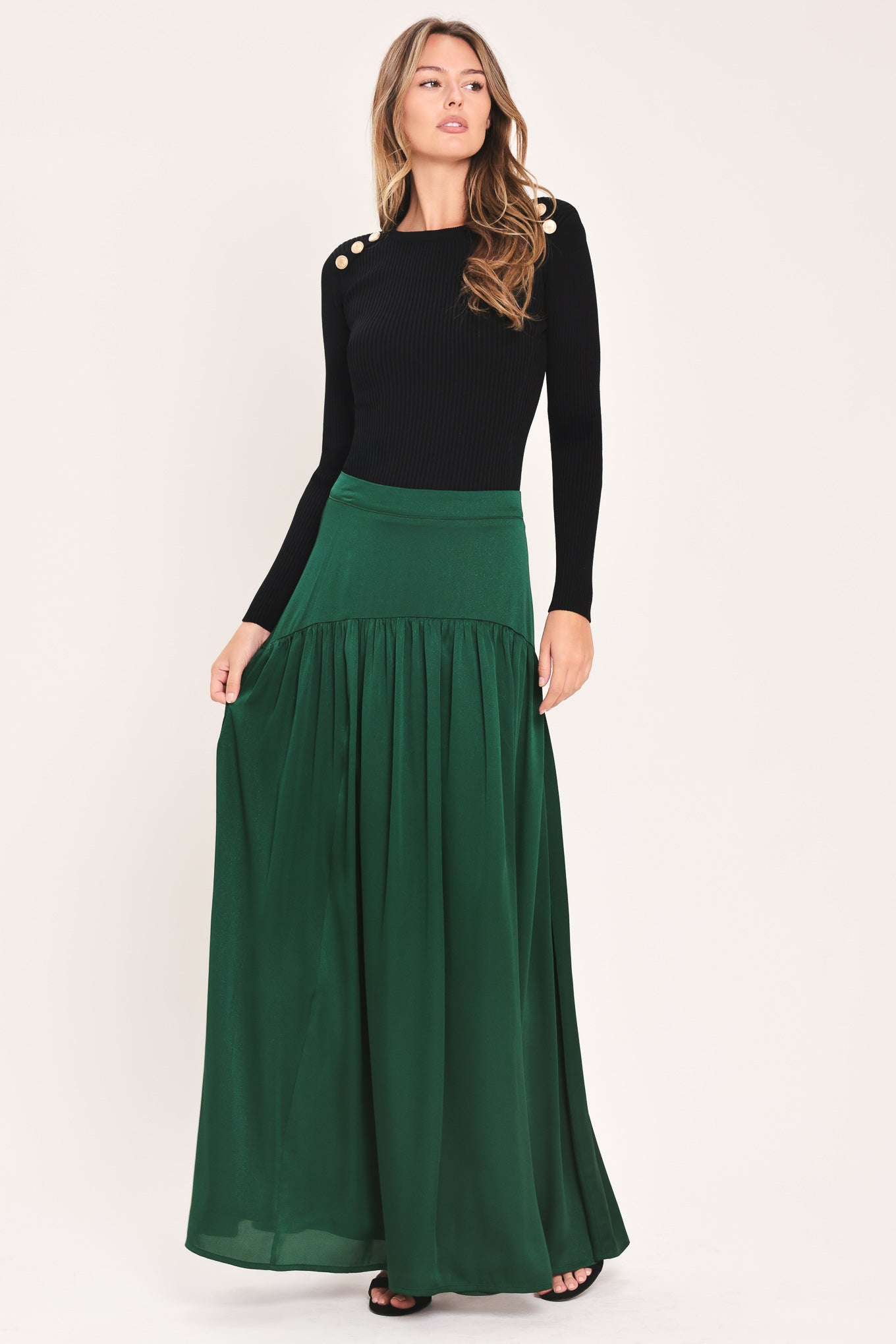 FOREST POISE HUNTER GREEN DROP-WAIST TIERED MAXI SKIRT