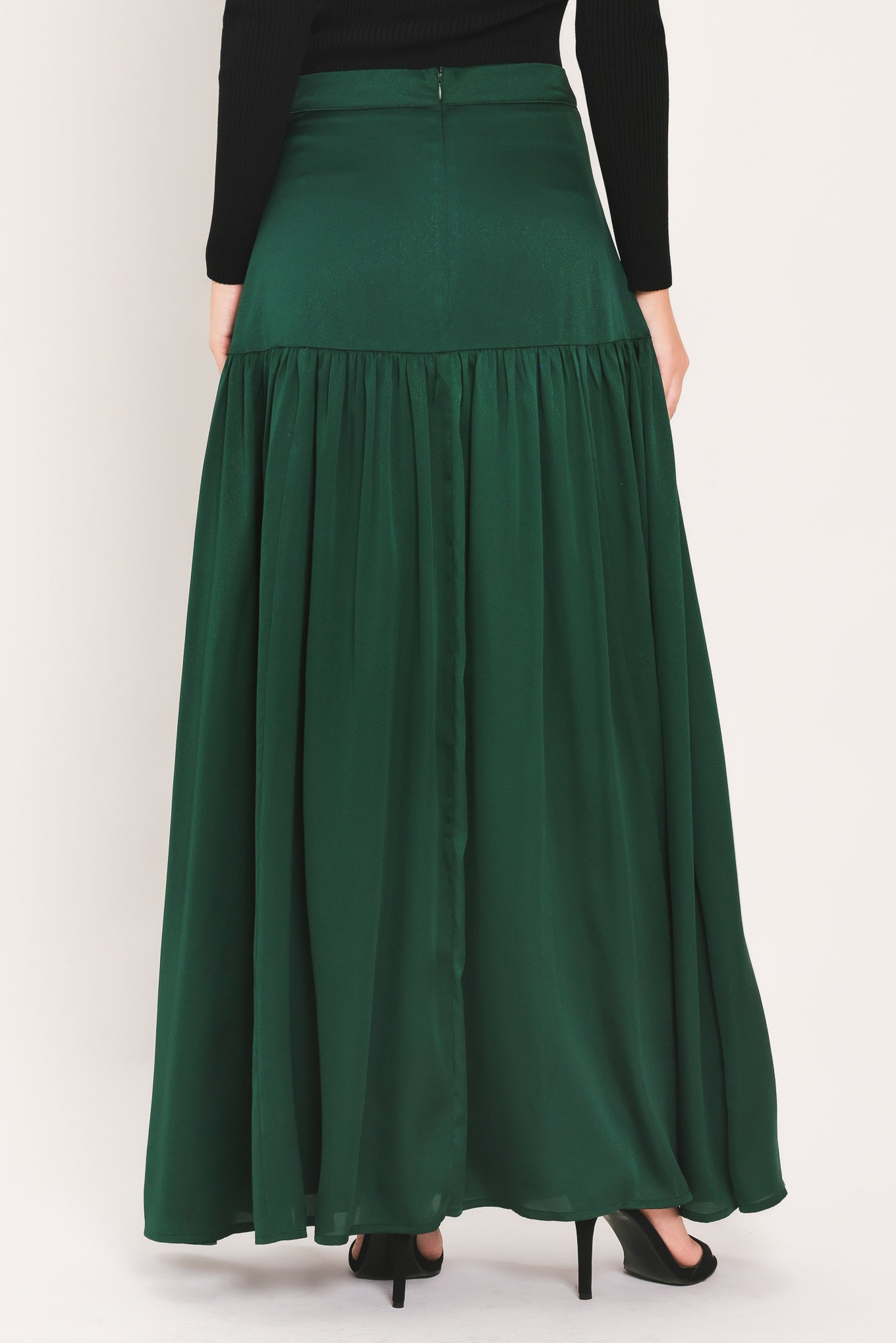 FOREST POISE HUNTER GREEN DROP-WAIST TIERED MAXI SKIRT