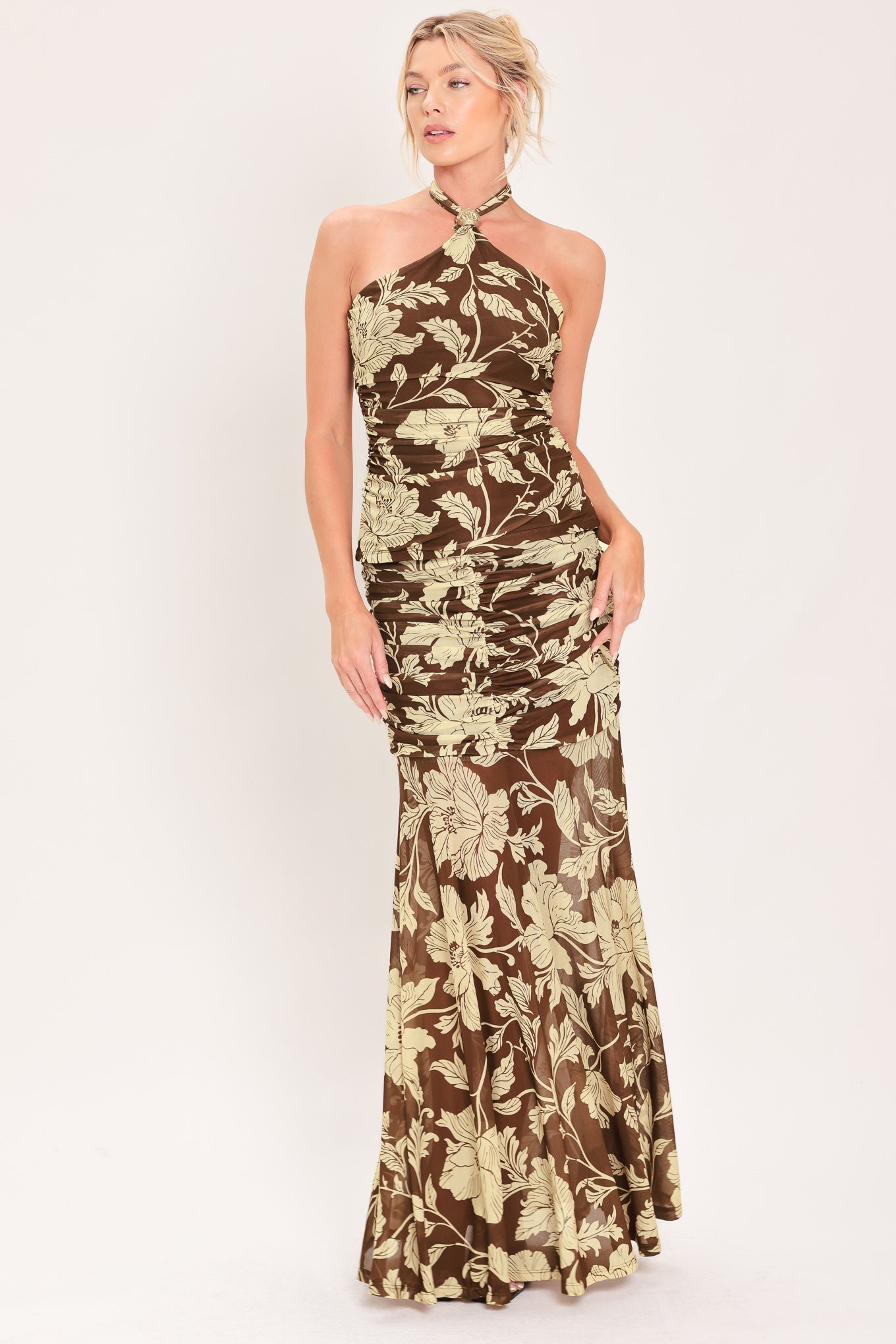 EARTHY FLORAL TEMPTATION POWER MESH MAXI SKIRT