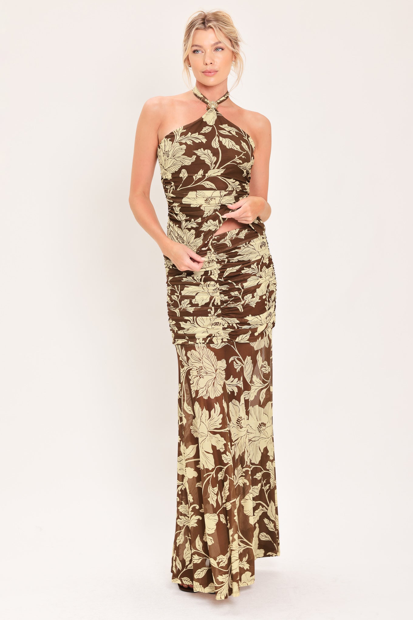 EARTHY FLORAL TEMPTATION POWER MESH MAXI SKIRT