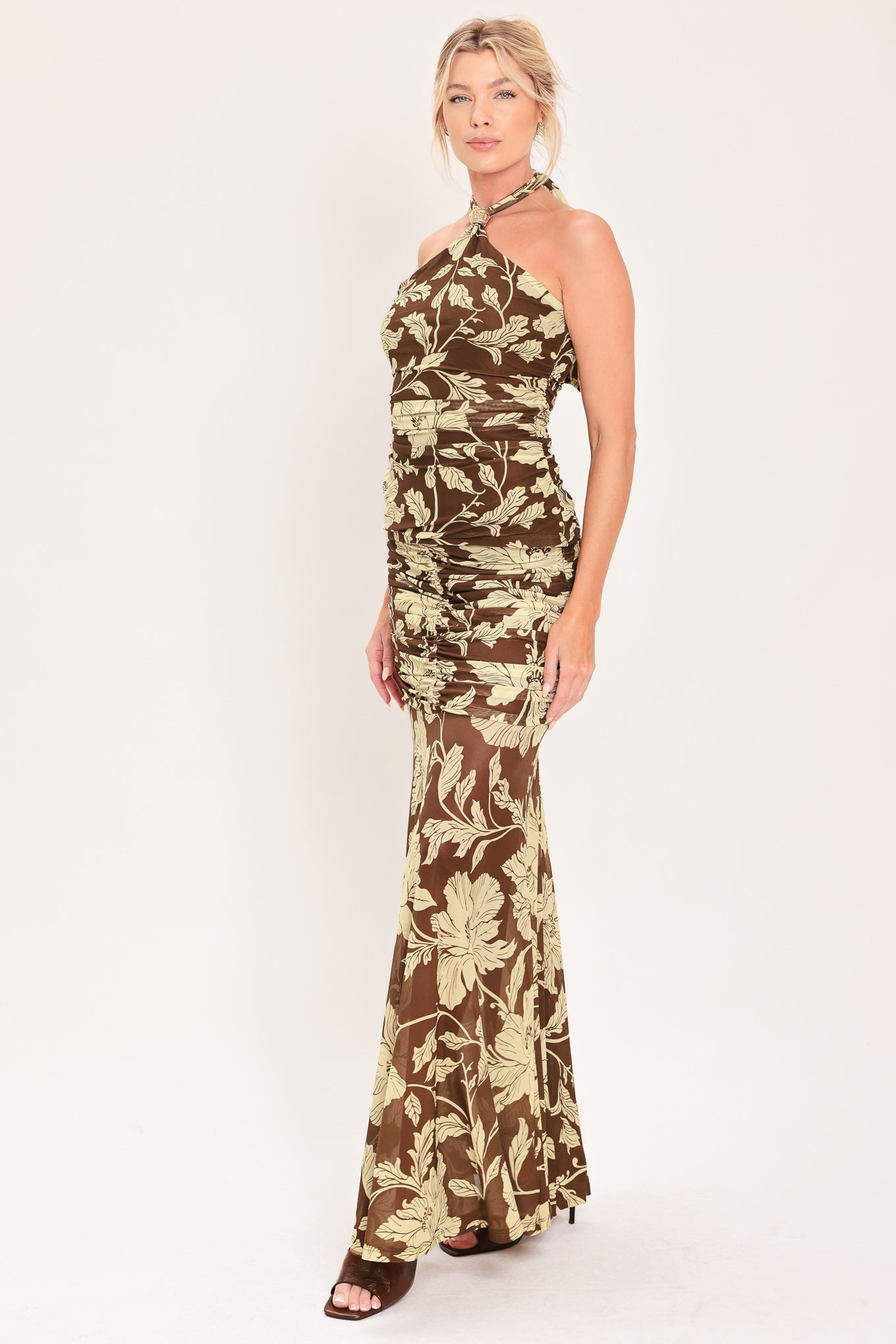 EARTHY FLORAL TEMPTATION POWER MESH MAXI SKIRT