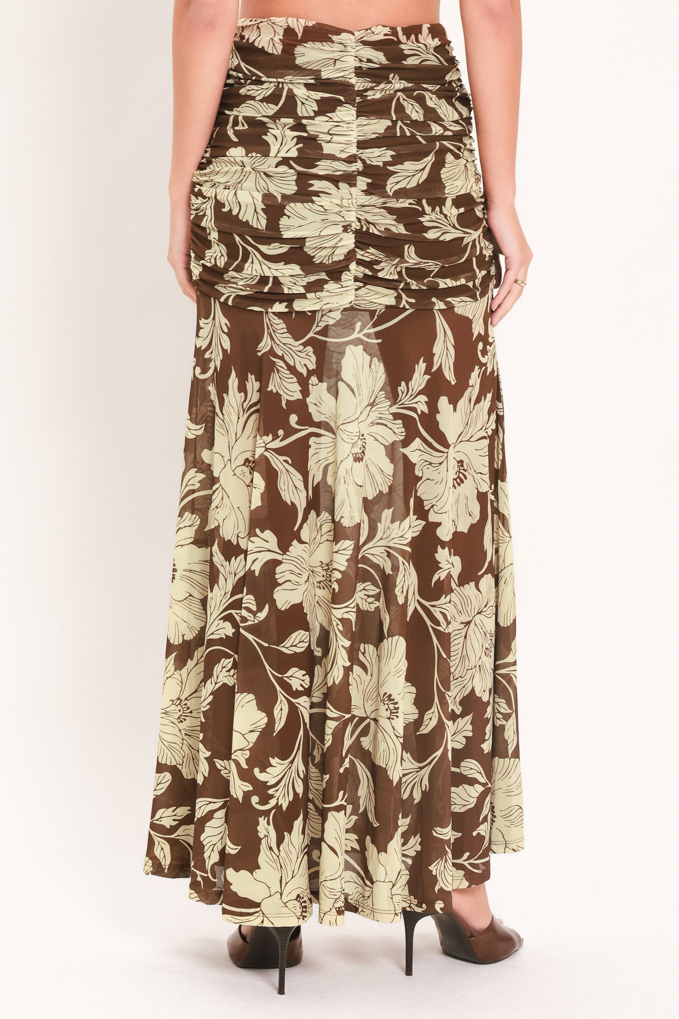 EARTHY FLORAL TEMPTATION POWER MESH MAXI SKIRT