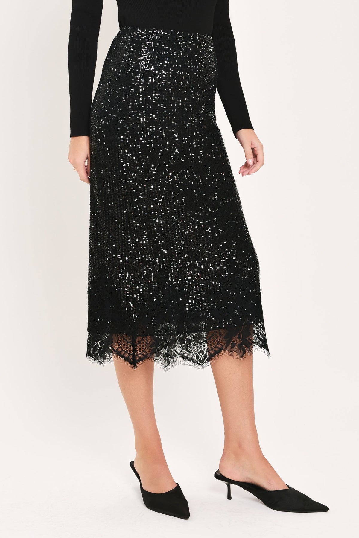 BRONZE LUSTER BRONZE/BLACK SEQUIN LACE-HEM MIDI SKIRT