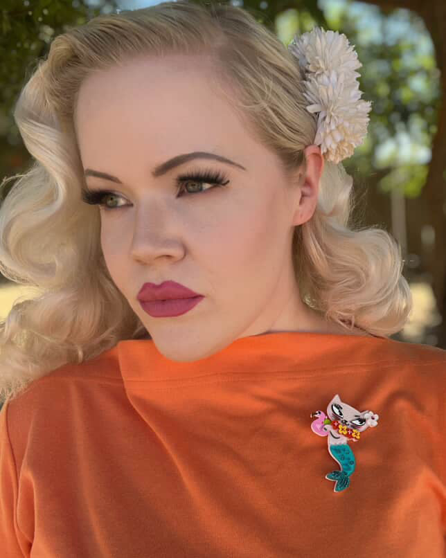 Tiki Merkitty Brooch by Miss Fluff x Lipstick & Chrome — Vintage Tiki Mermaid Cat Acrylic Pin
