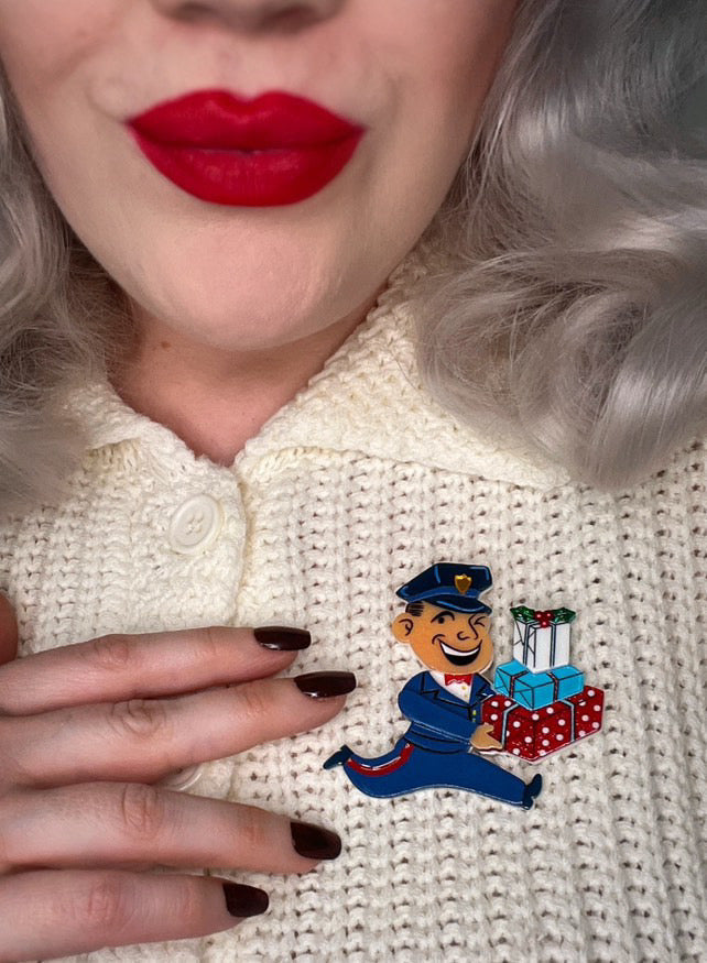 Christmas Happy Mail Brooch by 50's Vintage Dame x Lipstick & Chrome — Retro Holiday Letter Pin