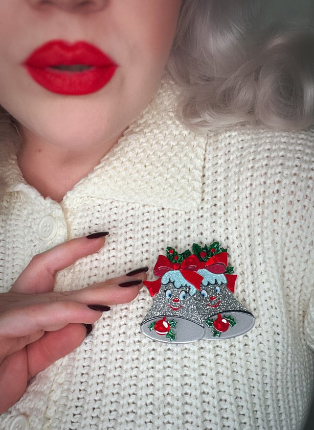 Silver Bells Brooch by Lipstick & Chrome — Retro Christmas Bell Pin