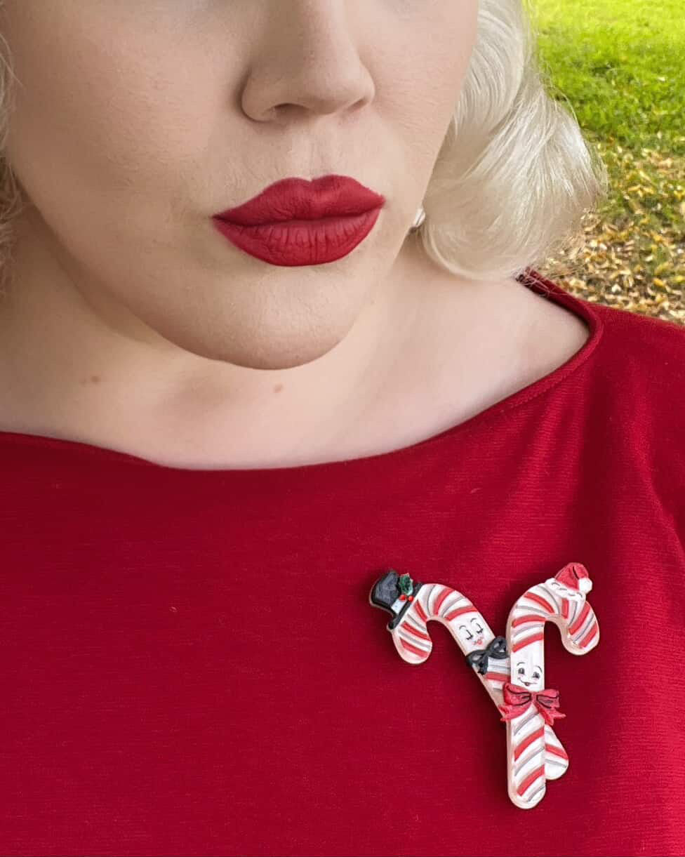 Candy Cane Couple Brooch by 50's Vintage Dame x Lipstick & Chrome — Retro Christmas Duo Pin