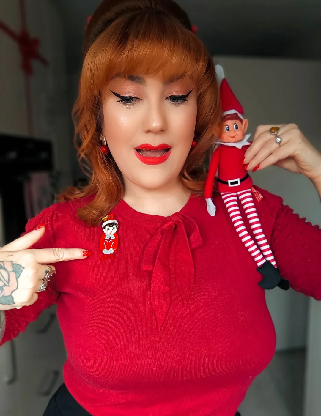 Merry Mischief Brooch by 50's Vintage Dame x Lipstick & Chrome — Retro Christmas Elf Pin