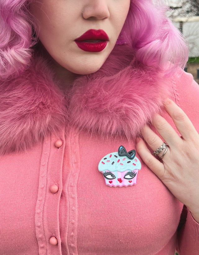 Cupcake Cutie Brooch by Miss Fluff x Lipstick & Chrome — Vintage Sweet Treat Acrylic Pin