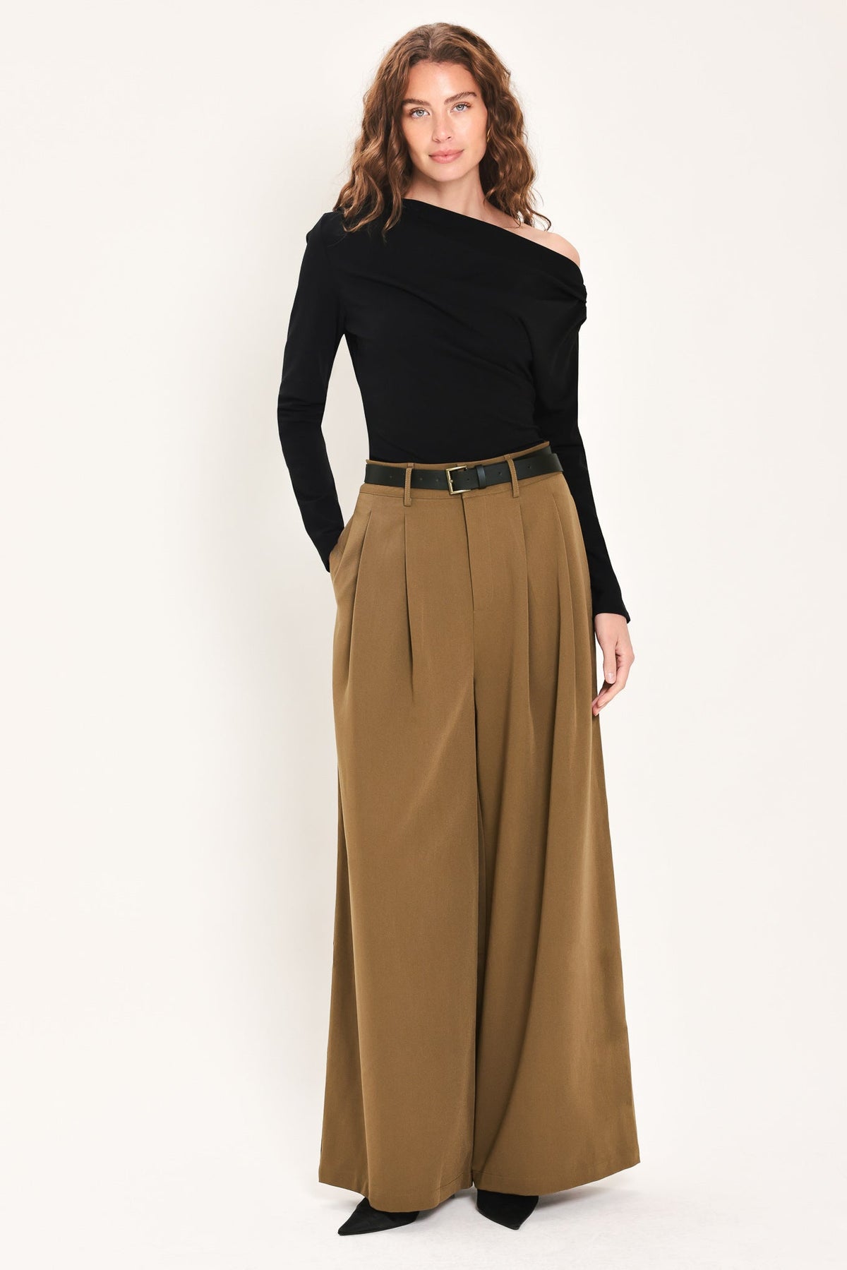 CITY CINCH BLACK/BROWN BELTED WIDE-LEG PANTS