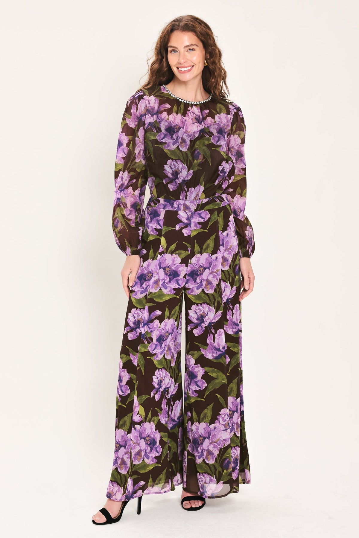 VINTAGE MERLOT WINE/PURPLE PRINTED WIDE-LEG PANTS