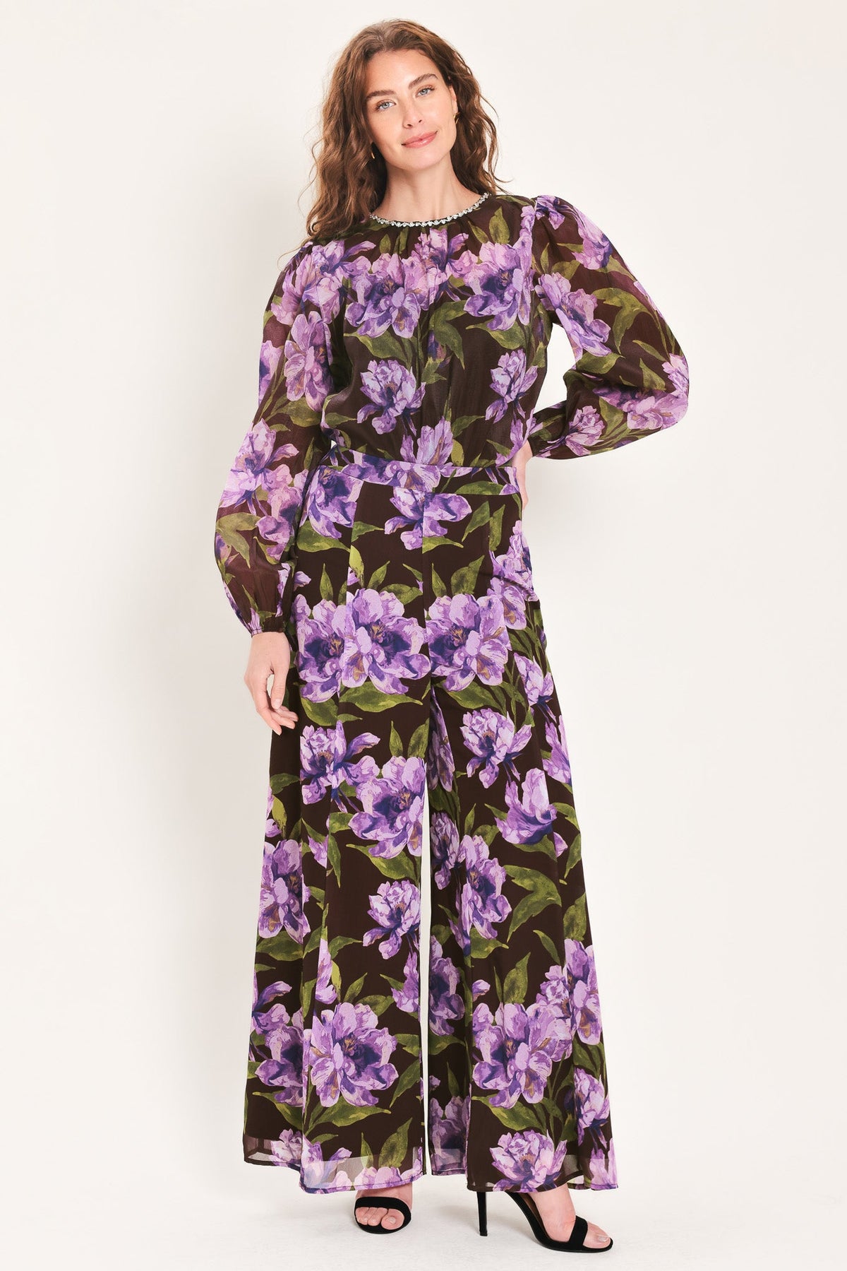VINTAGE MERLOT WINE/PURPLE PRINTED WIDE-LEG PANTS