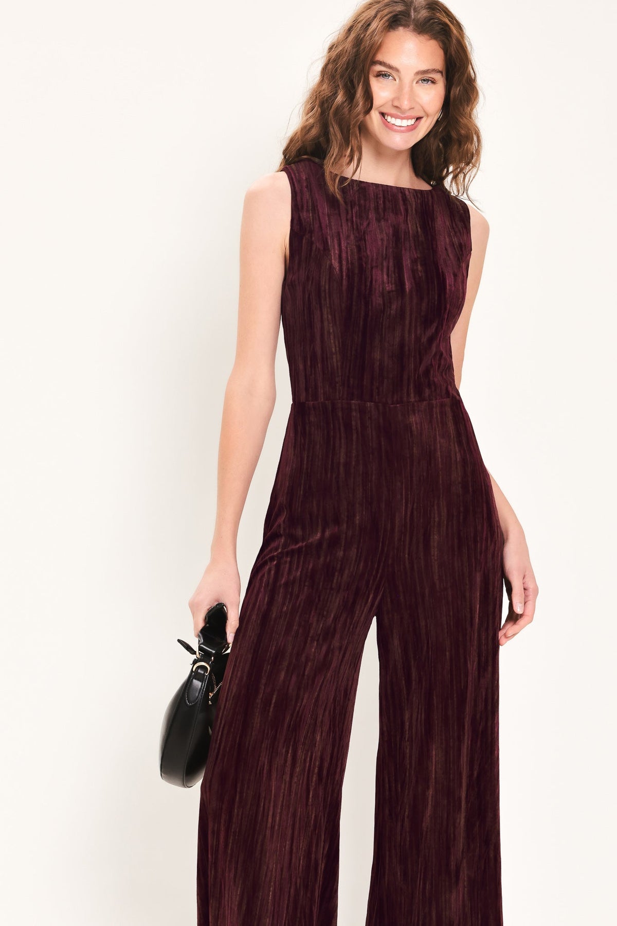 BORDEAUX NIGHTS BURGUNDY TEXTURED VELVET WIDE-LEG JUMPSUIT