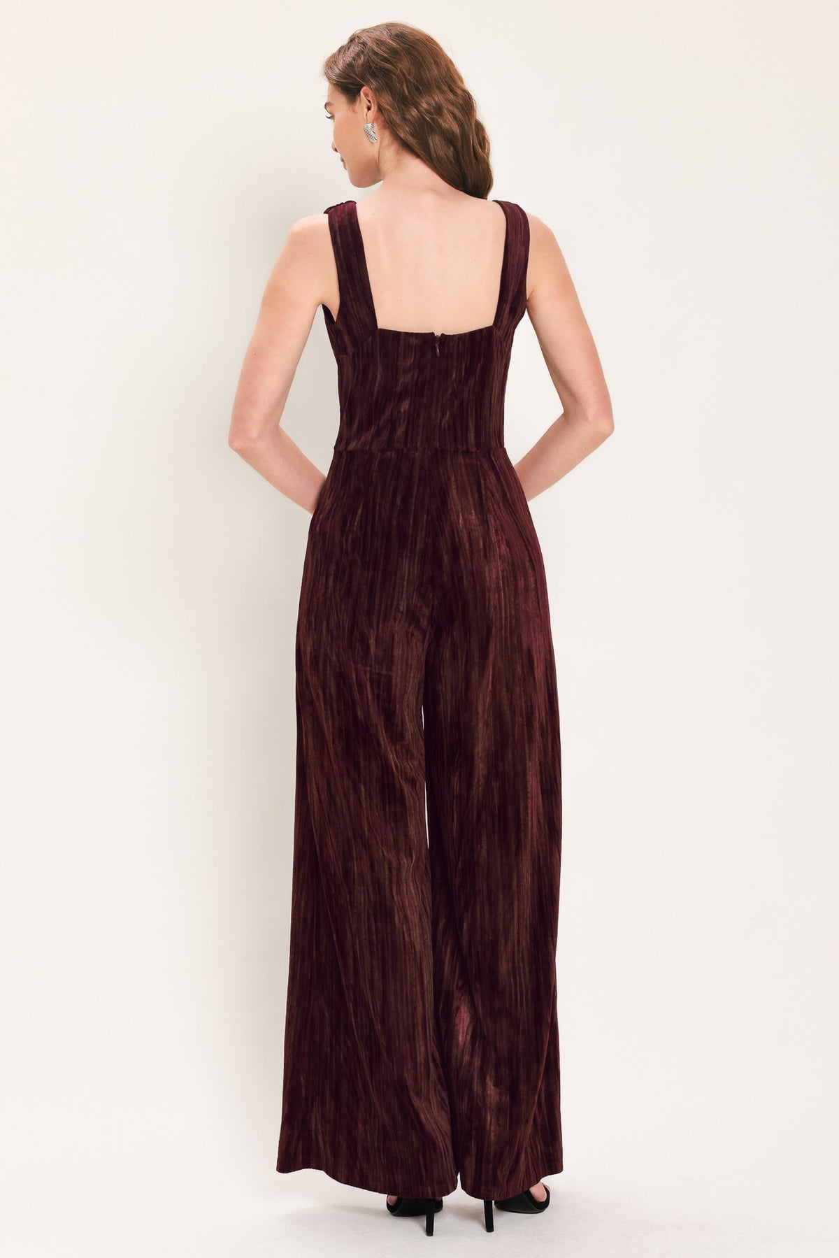 BORDEAUX NIGHTS BURGUNDY TEXTURED VELVET WIDE-LEG JUMPSUIT