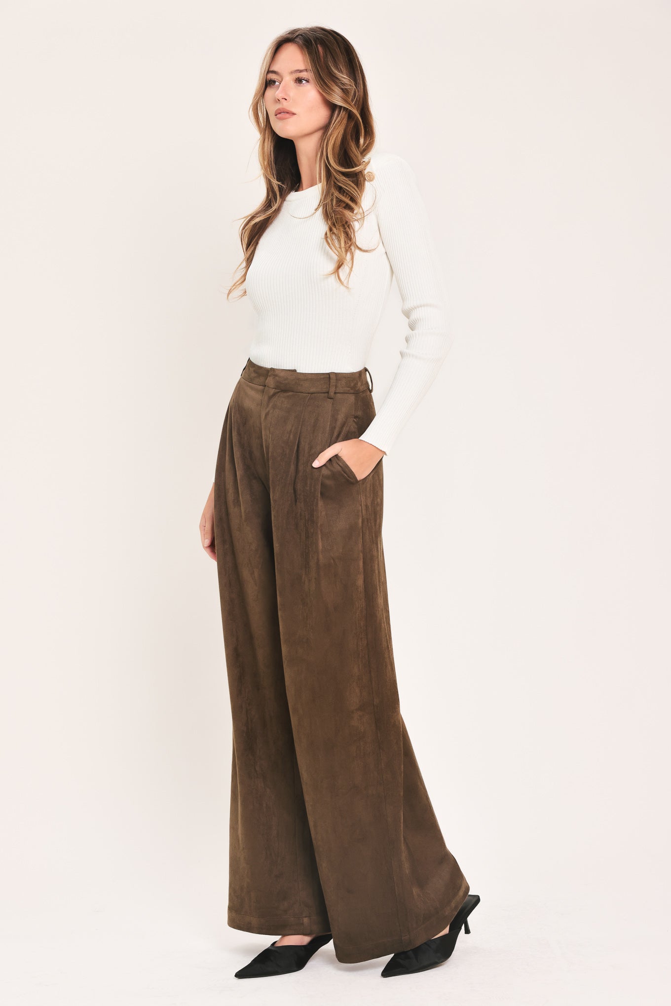 DESERT LUXE BROWN FAUX SUEDE WIDE-LEG PANTS