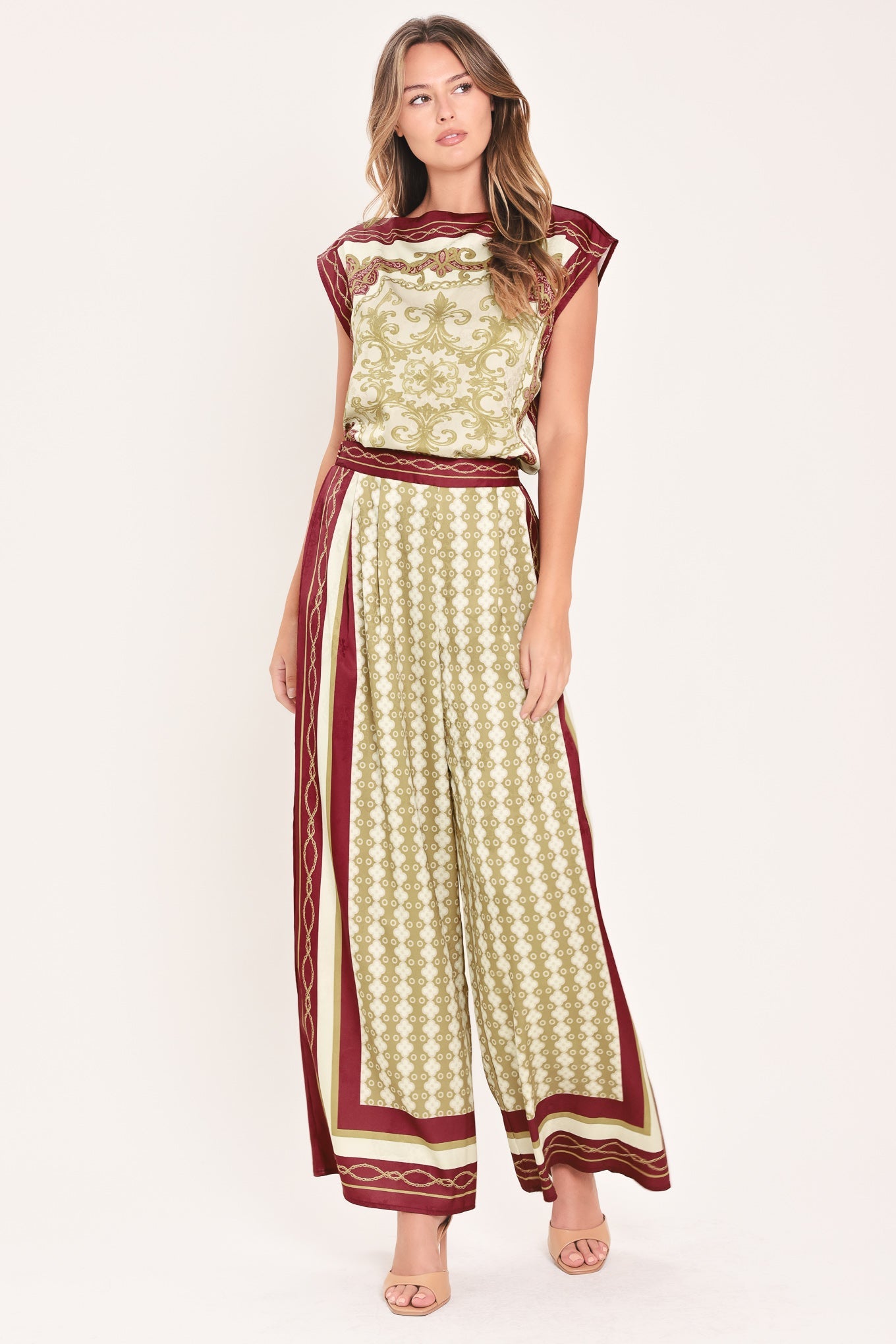 VINTAGE VINE BURGUNDY PRINTED WIDE-LEG PANTS