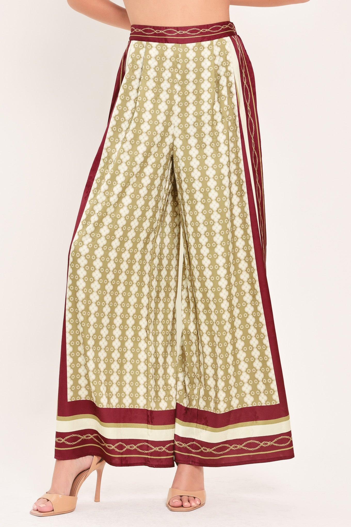 VINTAGE VINE BURGUNDY PRINTED WIDE-LEG PANTS