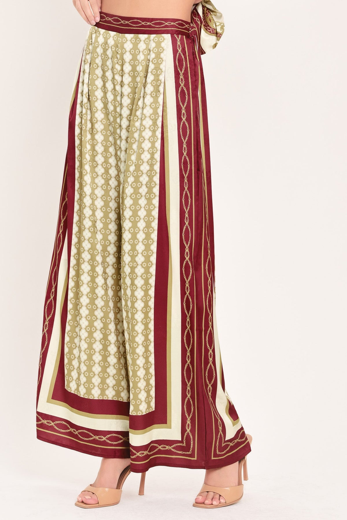 VINTAGE VINE BURGUNDY PRINTED WIDE-LEG PANTS