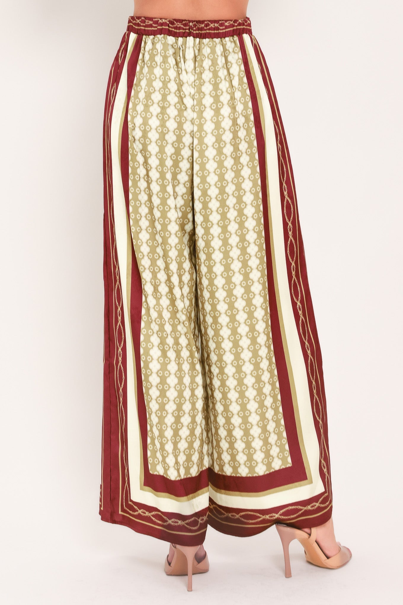 VINTAGE VINE BURGUNDY PRINTED WIDE-LEG PANTS