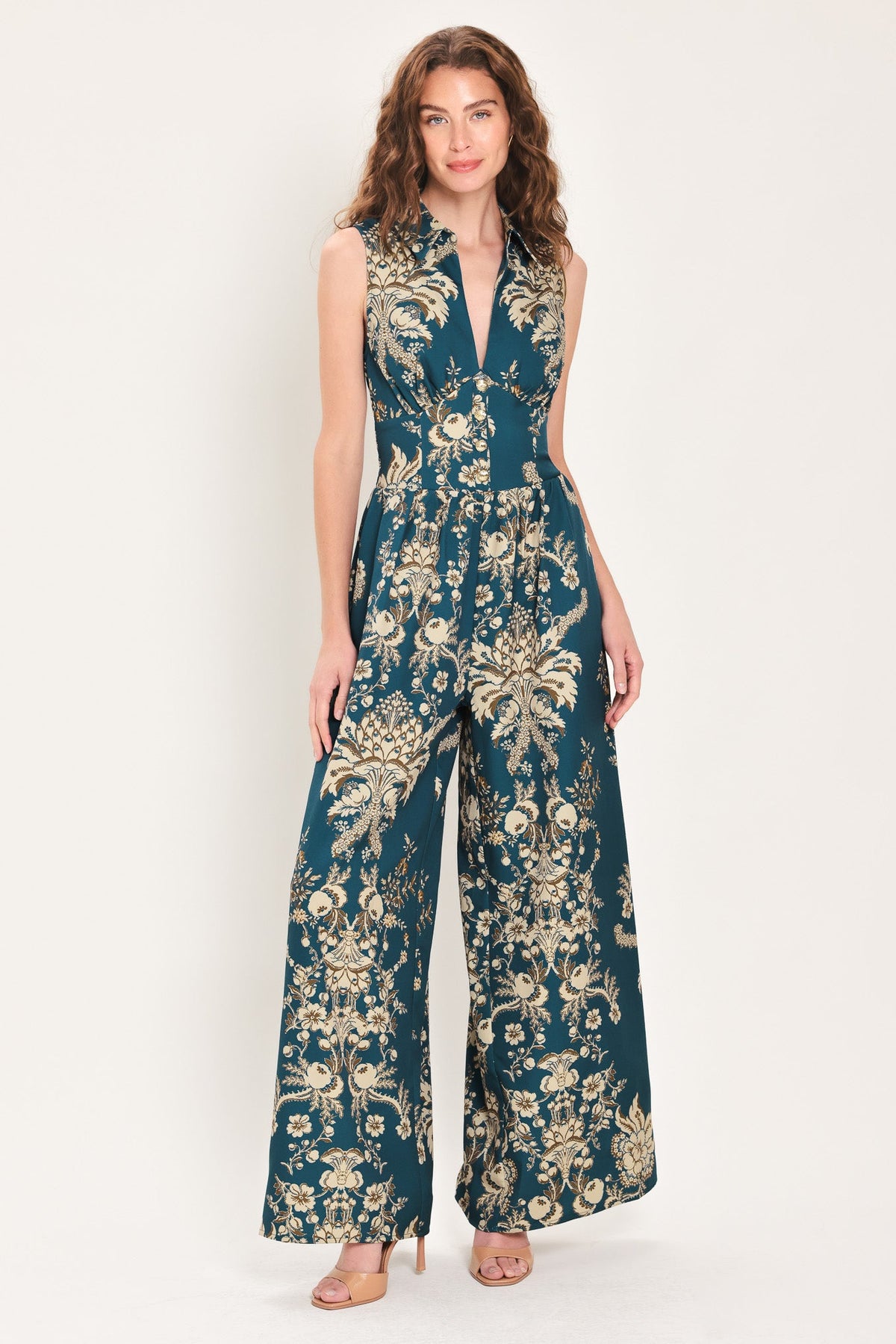 TEAL TAKEOVER PRINTED COLLARED WIDE-LEG JUMPSUIT