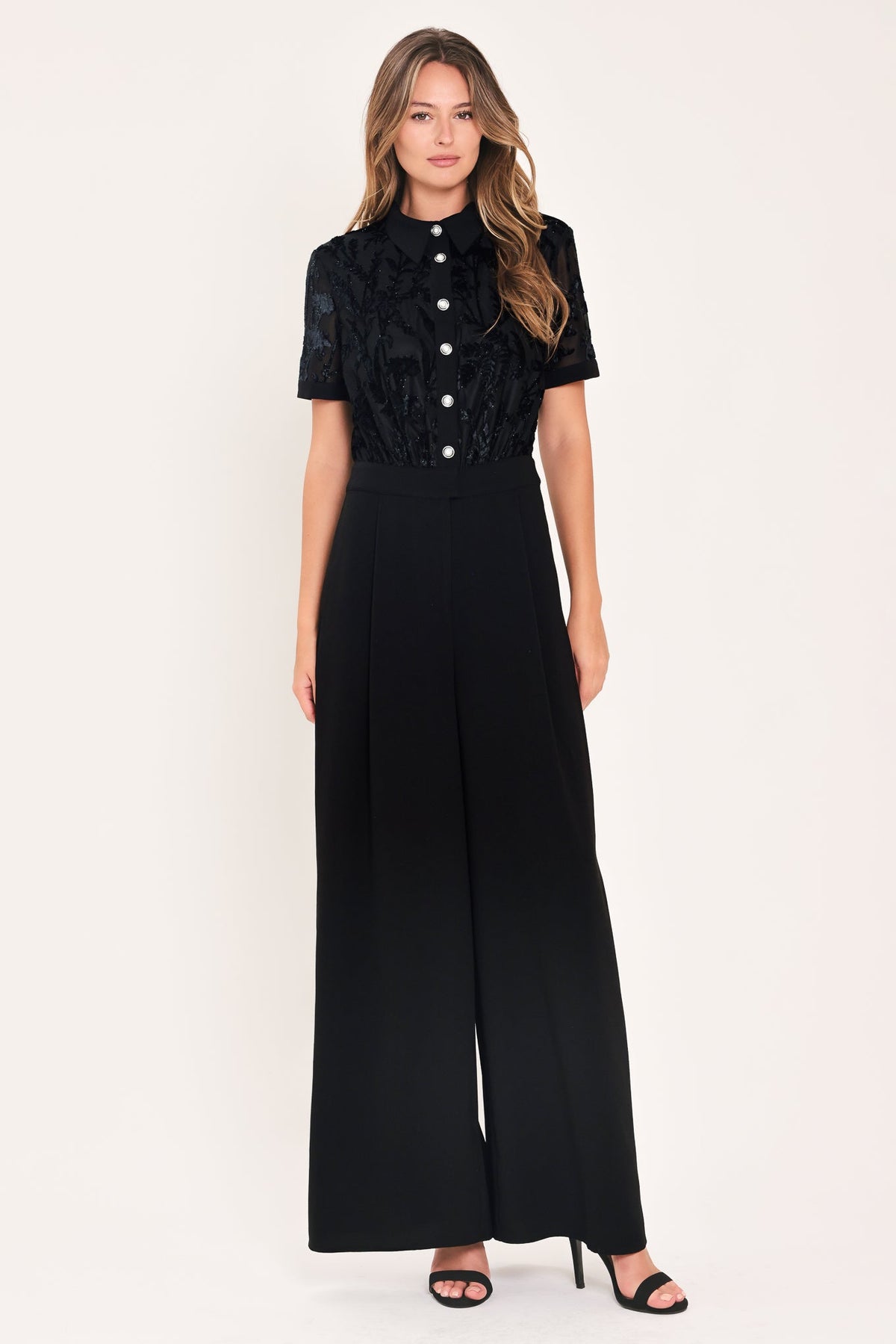 AFTER DARK BLACK BURNOUT VELVET WIDE-LEG JUMPSUIT