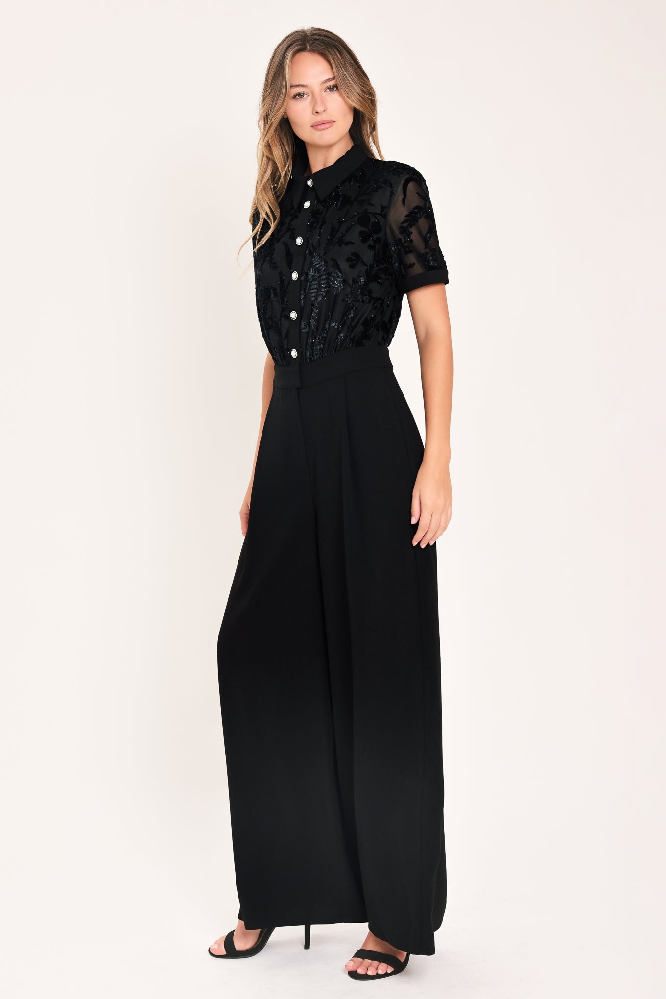 AFTER DARK BLACK BURNOUT VELVET WIDE-LEG JUMPSUIT