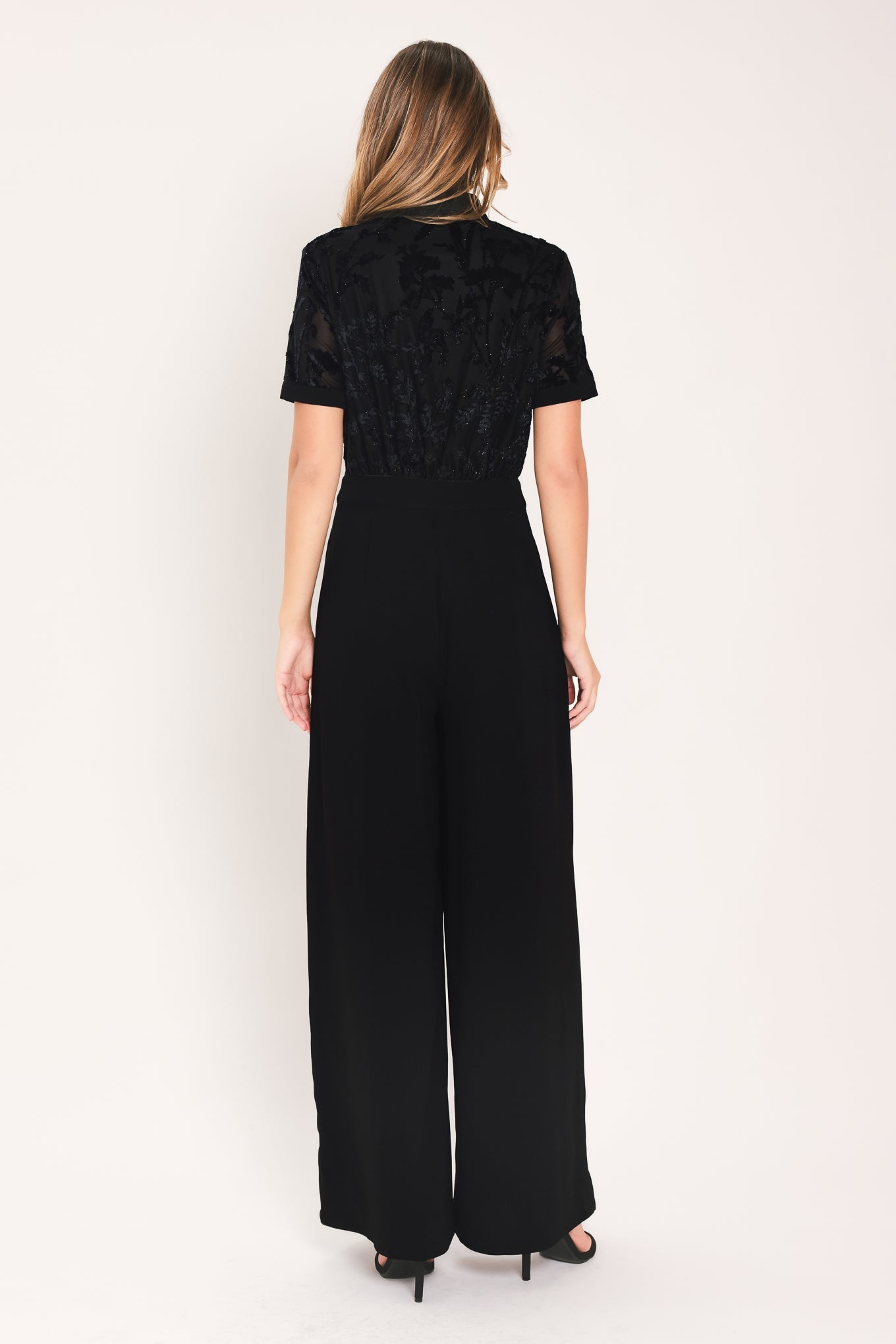 AFTER DARK BLACK BURNOUT VELVET WIDE-LEG JUMPSUIT