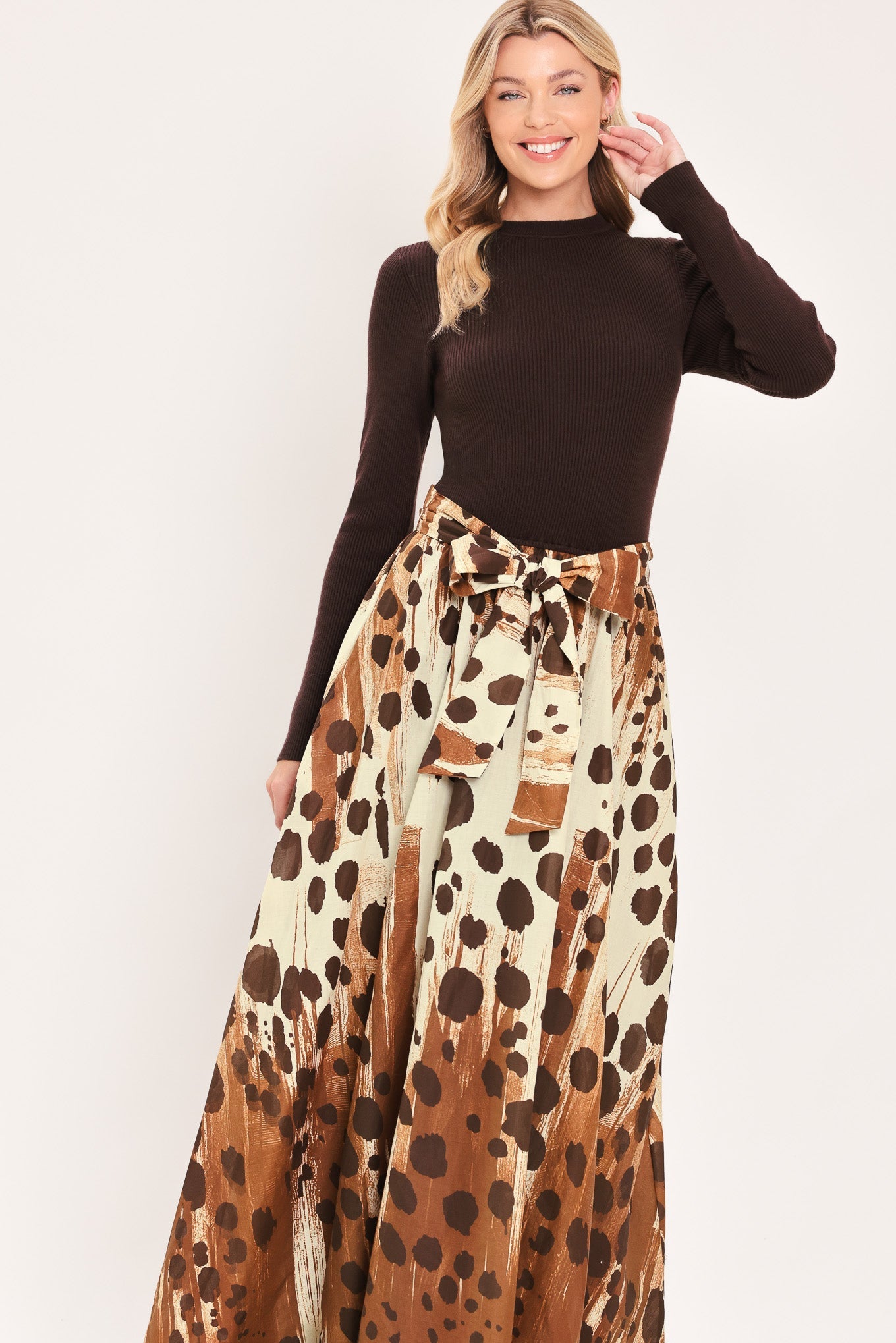 AMBER SPOT SERENADE SWEATER WOVEN MAXI DRESS
