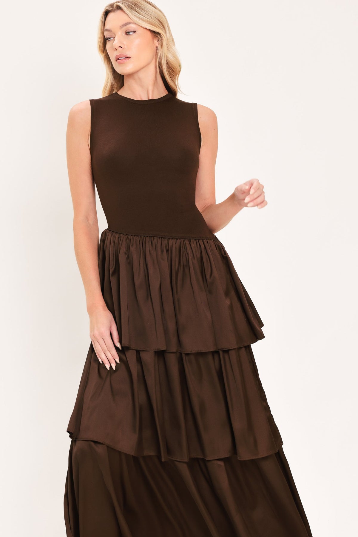 COFFEE LAYERED POISE SWEATER MIDI DRESS