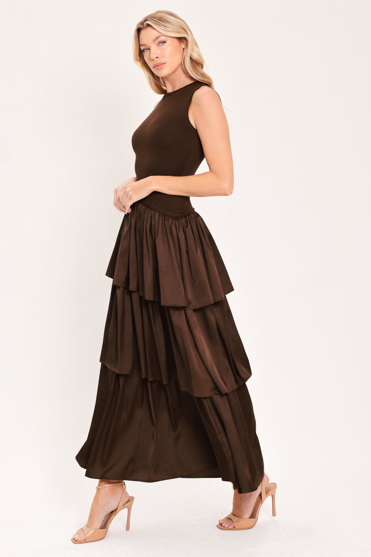 COFFEE LAYERED POISE SWEATER MIDI DRESS