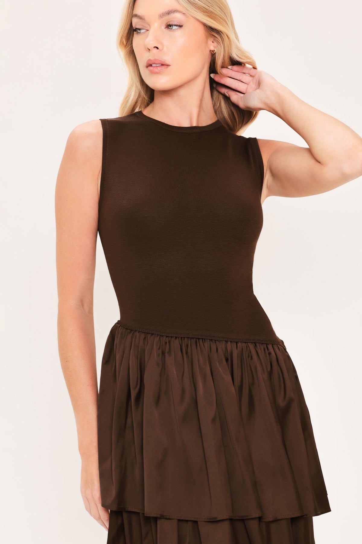 COFFEE LAYERED POISE SWEATER MIDI DRESS