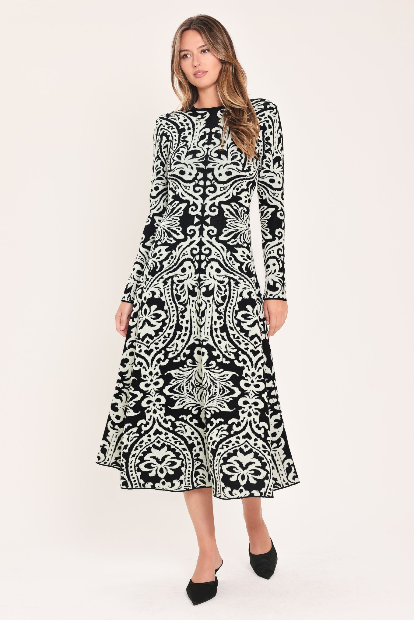 MIDNIGHT MUSE BLACK JACQUARD SWEATER MIDI DRESS