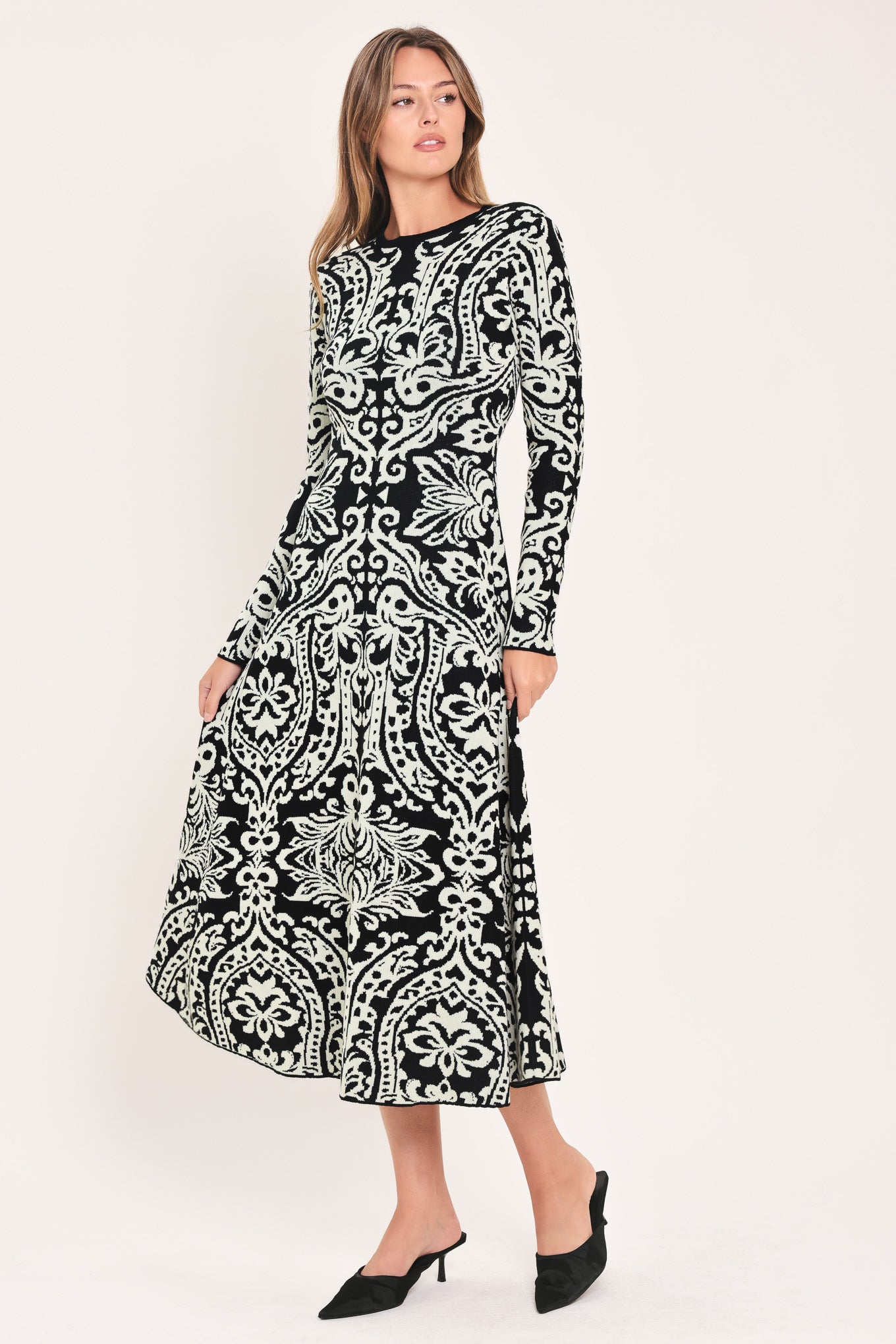 MIDNIGHT MUSE BLACK JACQUARD SWEATER MIDI DRESS